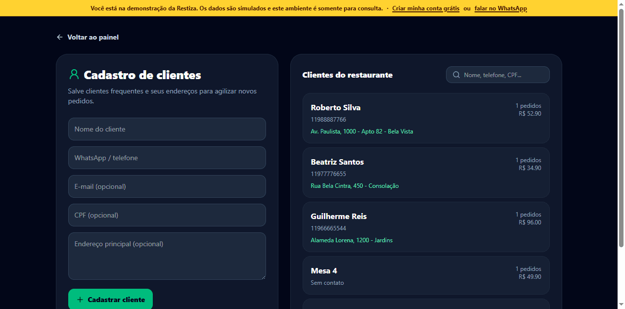 Cadastro de clientes da demonstração Restiza
