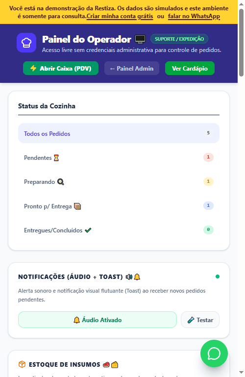 Operação de pedidos da demonstração Restiza em tela de celular