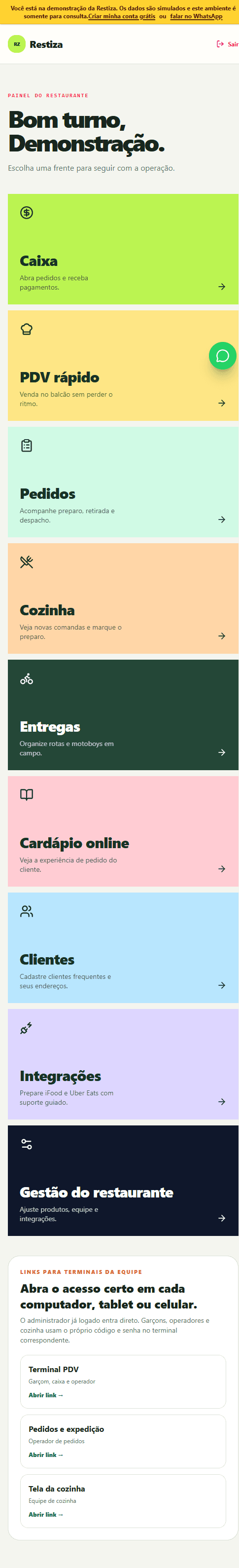 Painel da demonstração Restiza em tela de celular